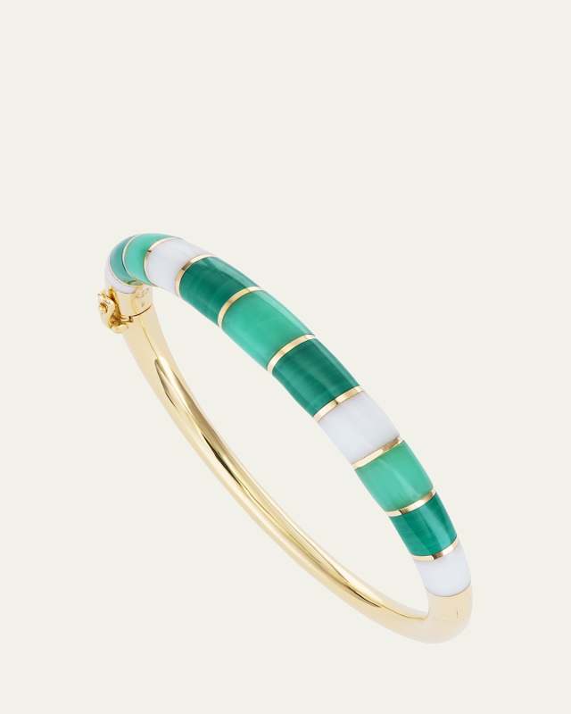 18K Yellow Gold Chunky Inlay Bangle Bracelet with Malachite, Chrysoprase and White Onyx
